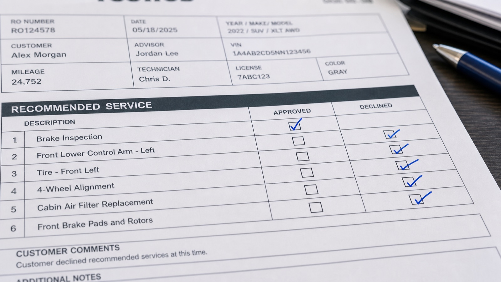 Repair order recommended service lines checked declined by the customer