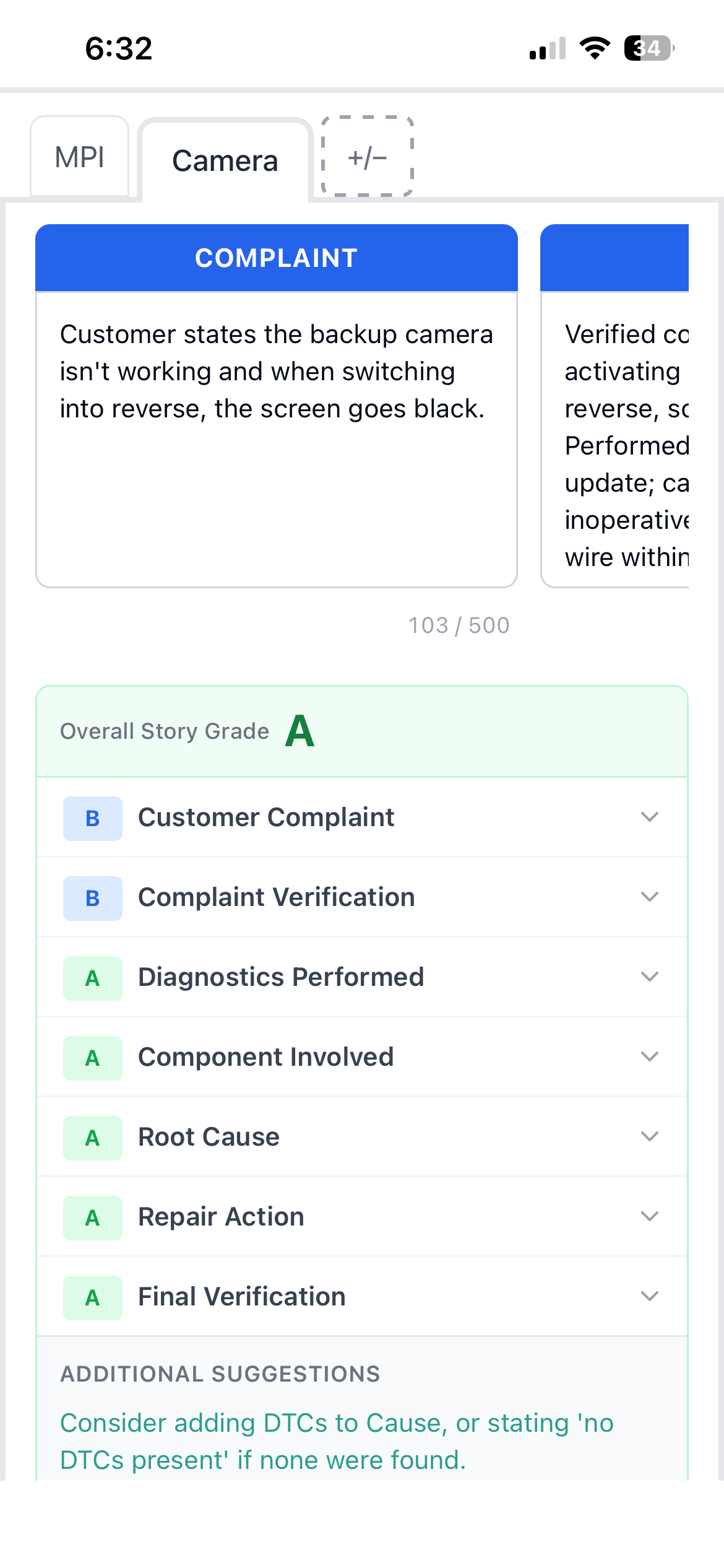 TenthGear report card showing story grade and criteria scores