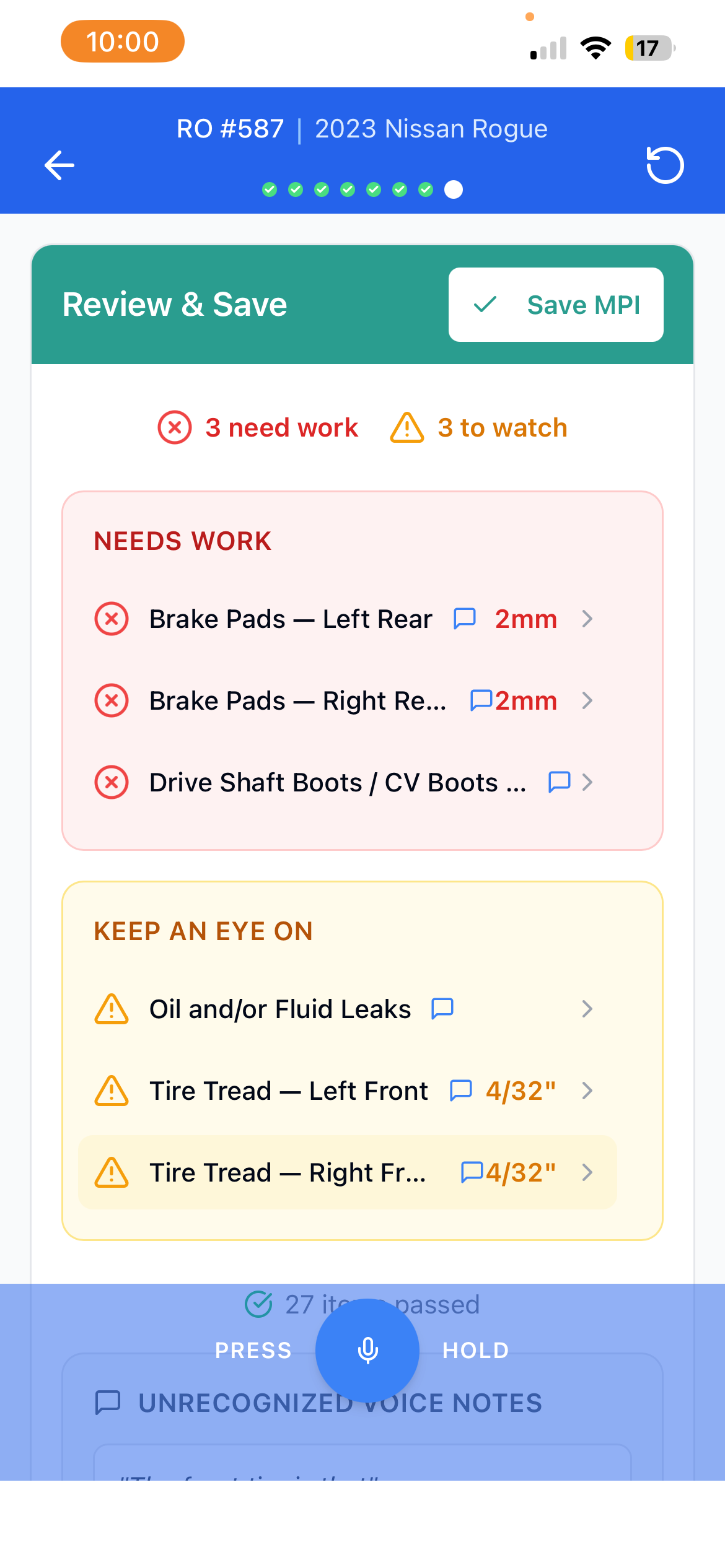 TenthGear MPI summary showing findings and voice notes