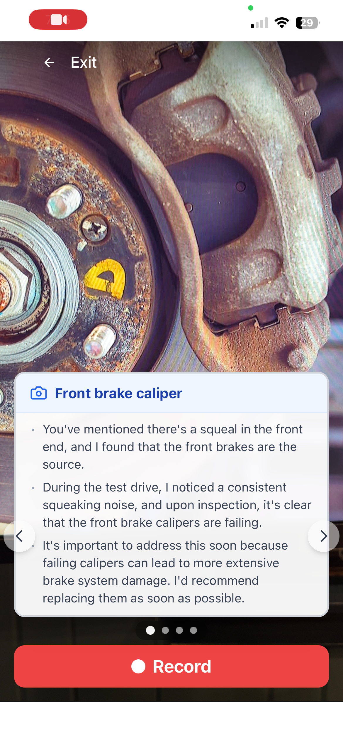 TenthGear recording view with teleprompter prompts for brake caliper inspection