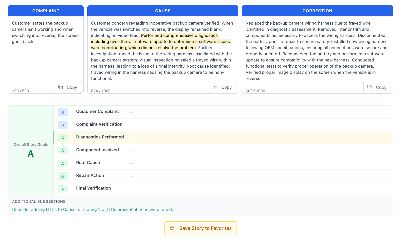 TenthGear story grading report card showing warranty-specific criteria scores